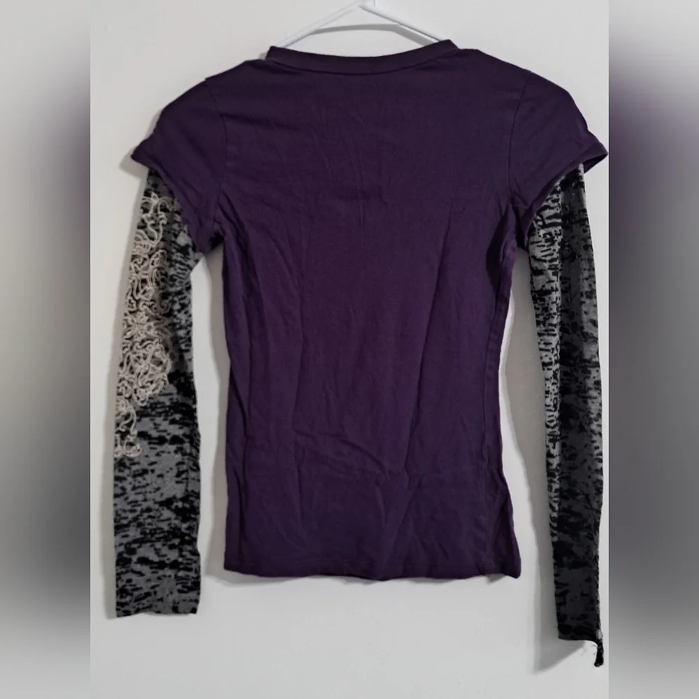 Blu Chic Rhinestone Sheer Attached Sleeve Purple and Black Women's Top - Picture 5 of 5